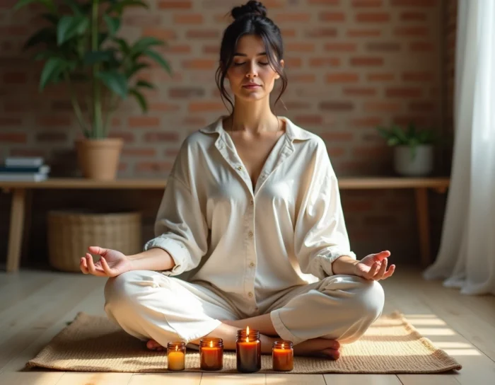 Femme en méditation assise devant trois bougies allumées dans des bougeoirs en verre pour un rituel de bien-être quotidien
