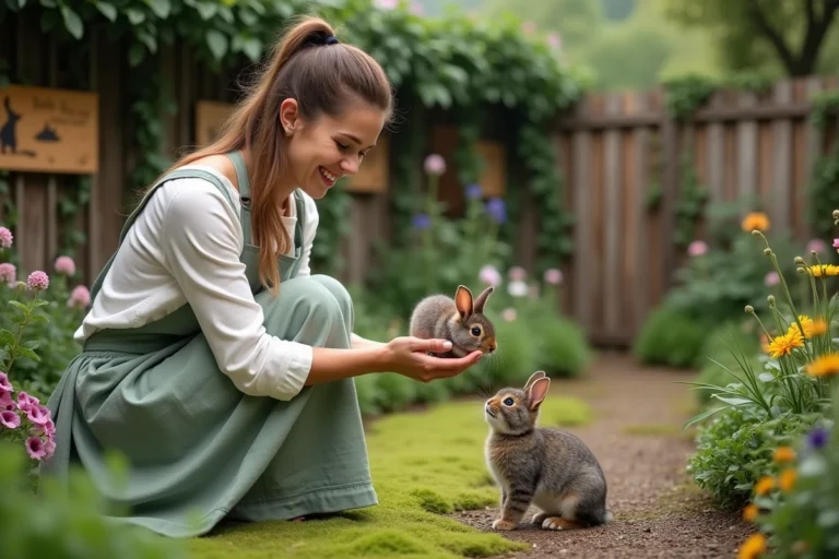Femme agenouillée dans un jardin féerique de sanctuaire animalier nourrissant un lapin brun à la main, avec un chat tigré observant la scène