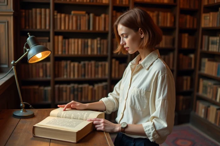 Jeune femme consultant un livre d'étymologie sur l'origine et la signification du prénom Sacha dans une bibliothèque