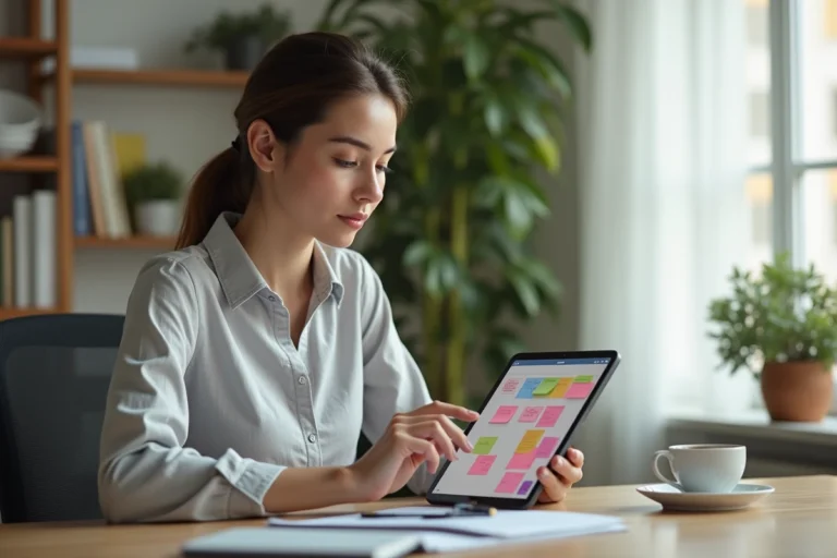 Femme utilisant des pense-bête numériques sur une tablette dans un bureau à domicile moderne pour organiser ses tâches quotidiennes