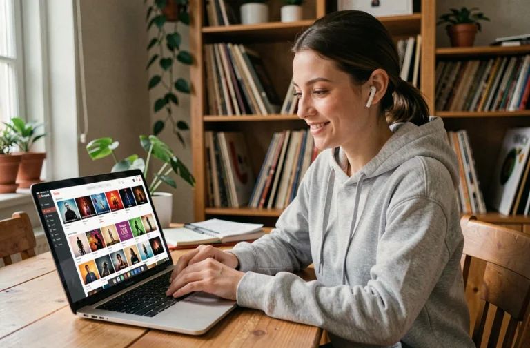Jeune femme écoutant de la musique depuis une playlist YouTube sur son ordinateur portable à son bureau