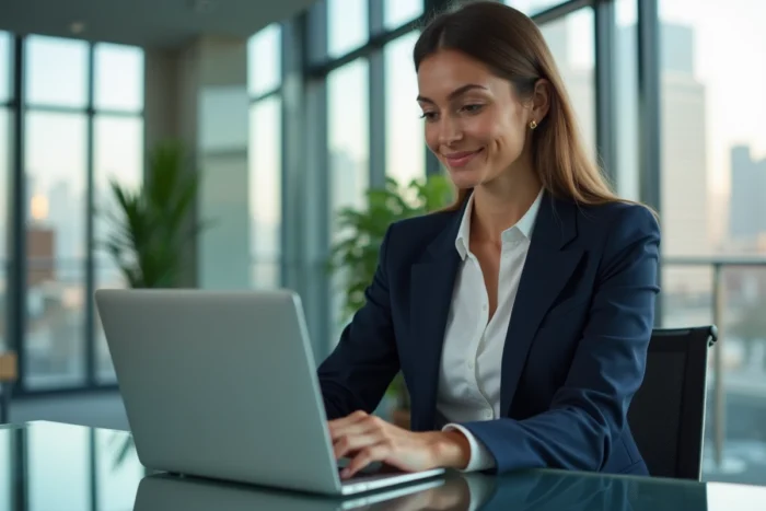 Femme professionnelle analysant des graphiques financiers sur un ordinateur portable dans un bureau moderne pour ses premiers investissements