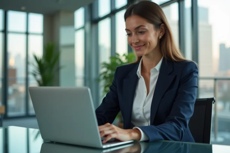 Femme professionnelle analysant des graphiques financiers sur un ordinateur portable dans un bureau moderne pour ses premiers investissements