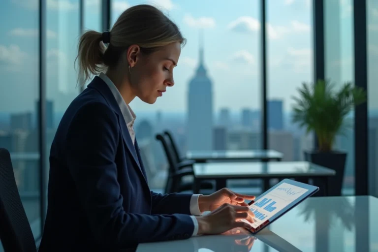 Femme professionnelle analysant des tendances et données du secteur sur une tablette numérique dans un bureau moderne avec vue sur la ville