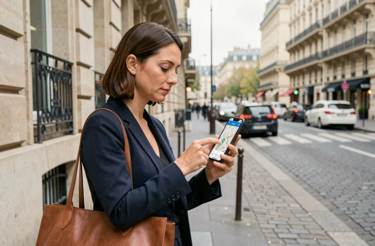 Femme professionnelle consultant une application nomade Intraparis sur son smartphone dans une rue parisienne haussmannienne