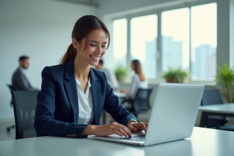 Femme professionnelle utilisant une plateforme de recherche d'emploi B2B sur ordinateur portable dans un bureau moderne