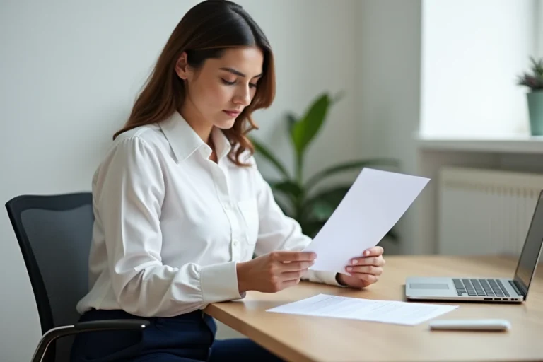 Femme professionnelle révisant un template de devis et mentions légales à son bureau