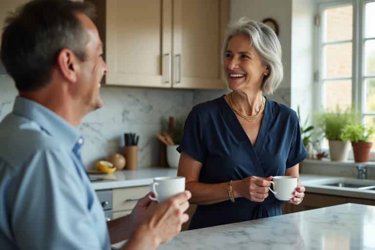 Femme de 60 ans élégante et confiante partageant un moment complice avec son partenaire dans une cuisine moderne
