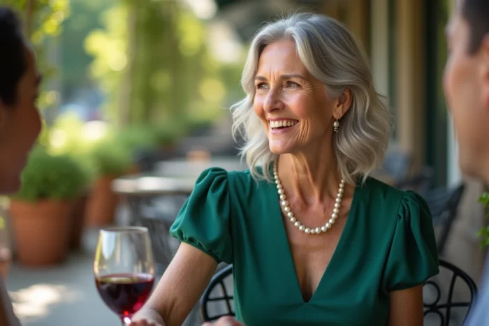 Femme séduisante de 65 ans en robe verte sur une terrasse de bistro, regard chaleureux et attitude confiante