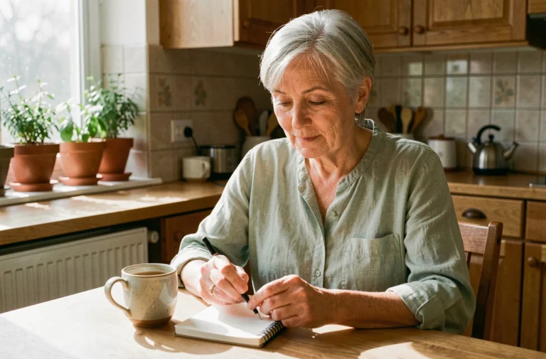 Femme senior aux cheveux argentés consultant un carnet de santé dans une cuisine chaleureuse