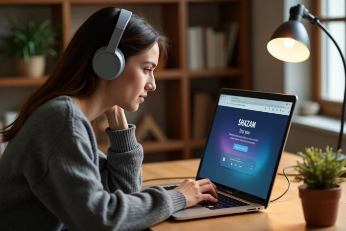 Jeune femme utilisant Shazam sur un ordinateur portable pour reconnaître une musique depuis son bureau à domicile