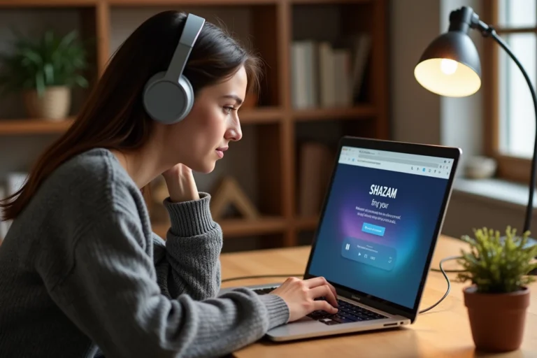 Jeune femme utilisant Shazam sur un ordinateur portable pour reconnaître une musique depuis son bureau à domicile