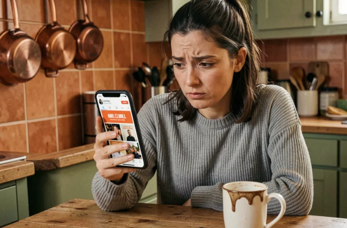 Femme consultant son smartphone avec une expression intriguée face à des publicités ciblées sur Instagram dans sa cuisine