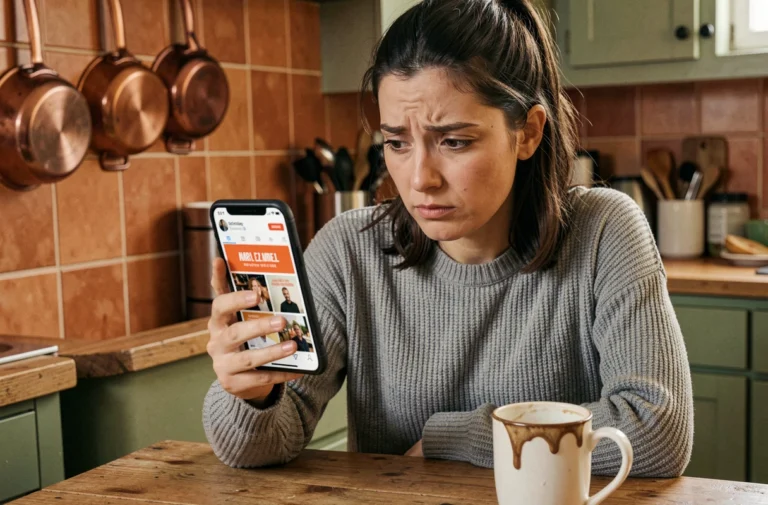 Femme consultant son smartphone avec une expression intriguée face à des publicités ciblées sur Instagram dans sa cuisine