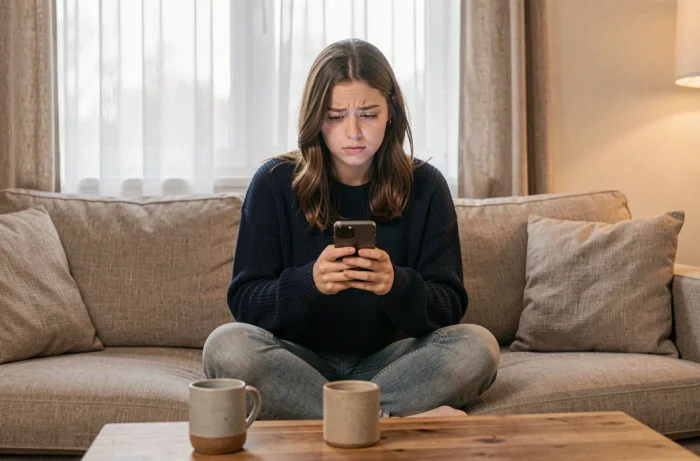Une femme cherchant sur son smartphone la nouvelle adresse miroir d'un site de téléchargement populaire