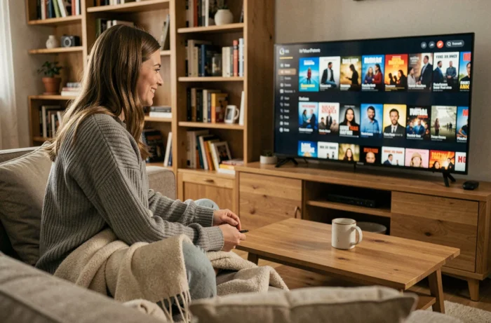 Jeune femme regardant un film en streaming sur sa télévision depuis son canapé confortable