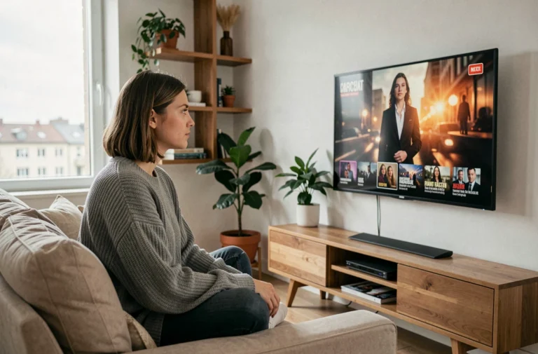 Jeune femme regardant une série en streaming sur une smart TV dans un salon moderne et cosy