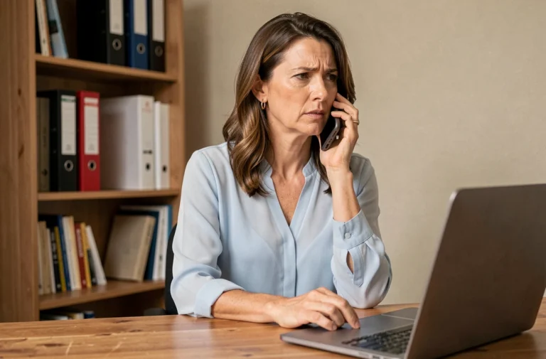 Femme au téléphone cherchant à contacter un conseiller ANTS depuis son bureau à domicile