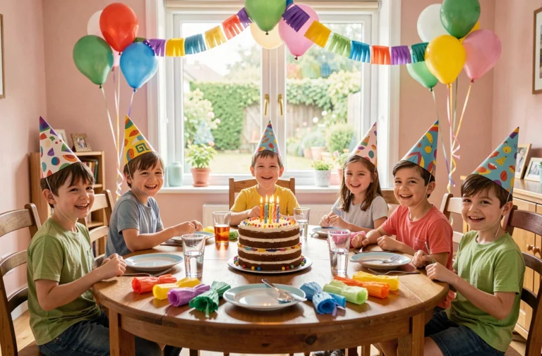 Groupe d'enfants joyeux autour d'une table d'anniversaire décorée de ballons colorés et d'un gâteau à bougies dans une salle à manger chaleureuse