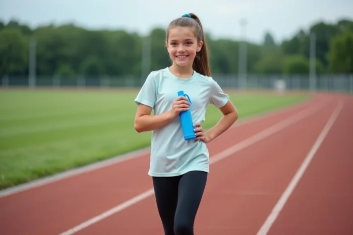Adolescente de 13 ans en tenue de sport sur une piste d'athlétisme, illustrant la condition physique et la morphologie moyenne d'une fille à cet âge