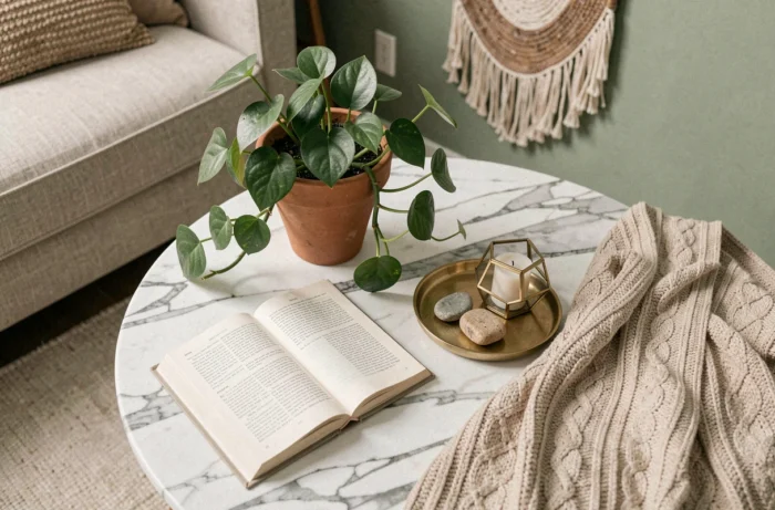 Flat-lay décoratif sur une table basse en marbre avec plante, bougie et accessoires tendance dans un salon contemporain
