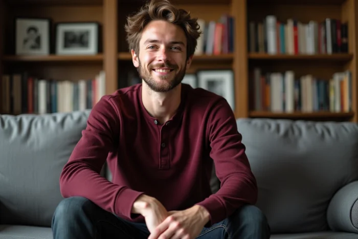 Homme assis dans un appartement parisien moderne avec bibliothèque en arrière-plan, vie privée de Florian Tardif dévoilée