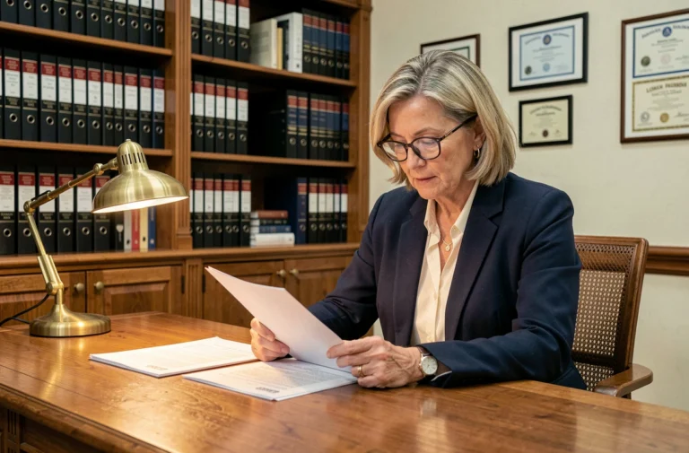 Fonctionnaire examinant des actes administratifs officiels dans un bureau gouvernemental formel