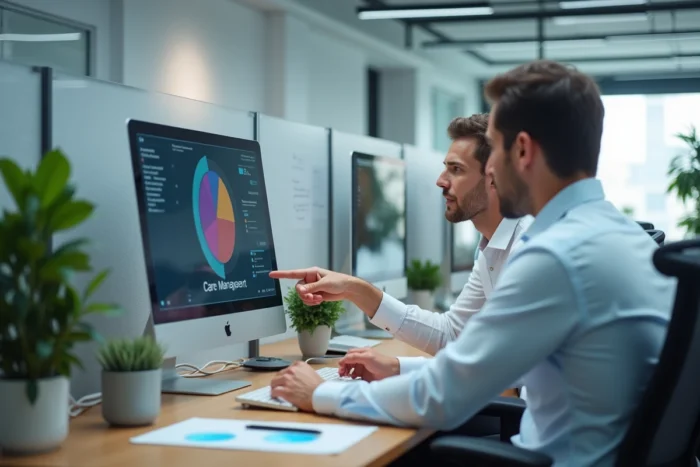 Un employé administratif montre à un collègue comment utiliser l'interface du logiciel Philia ADMR sur un grand écran de bureau dans un open space moderne