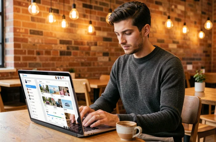 Freelance travaillant sur une stratégie de contenu et de réseaux sociaux dans un espace de coworking moderne