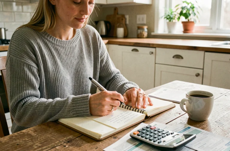 Femme gérant son budget personnel avec un carnet de notes et des factures sur une table de cuisine en bois