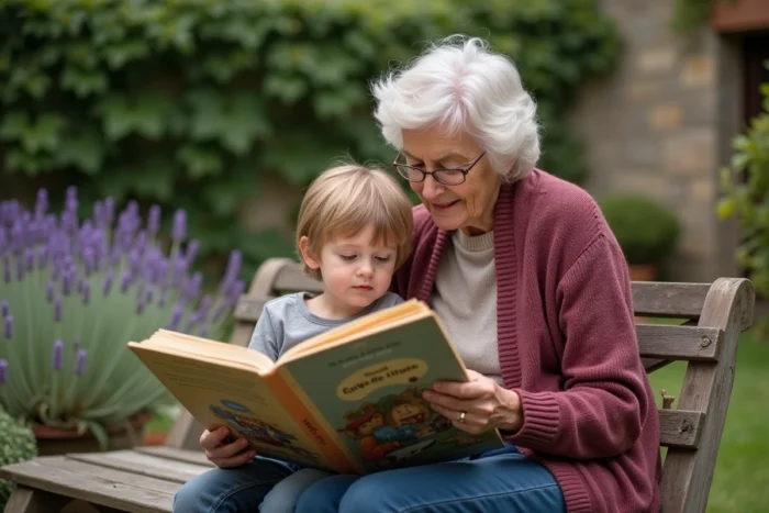 Grand-mère lisant un livre illustré à son petit-fils dans un jardin, transmission intergénérationnelle et éveil de l'enfant