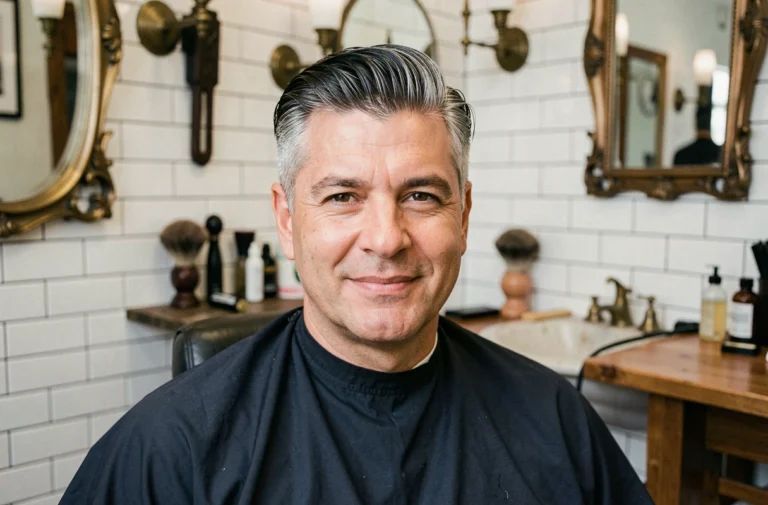 Homme dans la quarantaine assis dans un fauteuil de barbier haut de gamme, cheveux sel et poivre stylisés avec une technique de grey blending moderne dans un salon urbain élégant