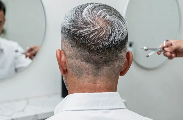 Gros plan vue de dos sur la nuque et les côtés d'un homme aux cheveux gris, mettant en valeur le dégradé précis d'un grey blending professionnel réalisé en studio de coiffure