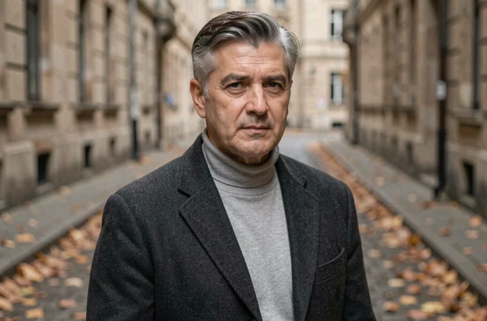 Homme distingué dans la cinquantaine en manteau de laine cintré dans une ruelle pavée européenne en automne, arborant un grey blending impeccable aux tempes argentées