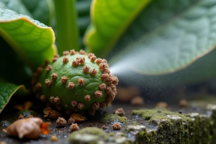 Gros plan sur des cochenilles sur une tige de plante traitée avec du savon noir en spray