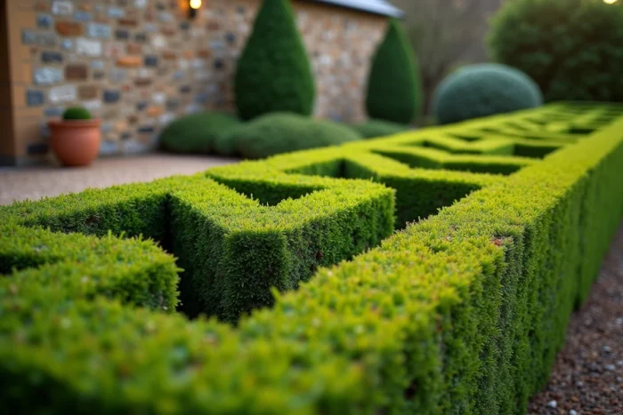 Gros plan sur une haie d'if taillée en forme géométrique avec une surface parfaitement lisse dans un jardin résidentiel