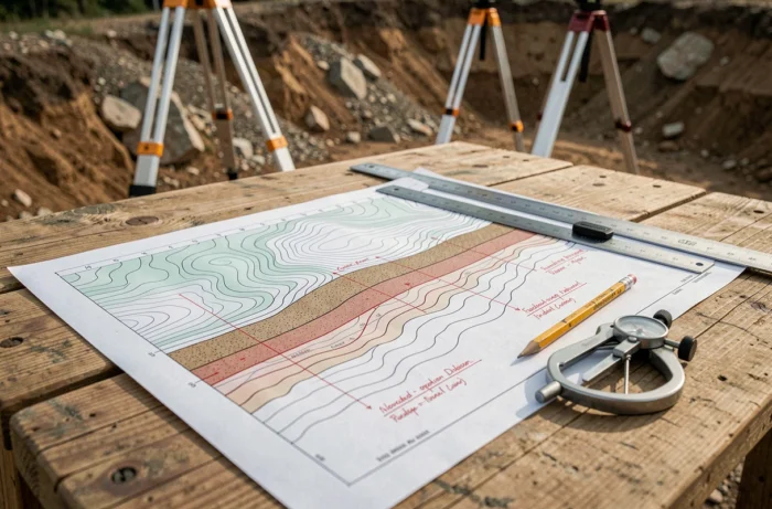 Gros plan d'un plan de coupe terrain avec annotations d'élévation et marqueurs de fondation sur chantier en pente