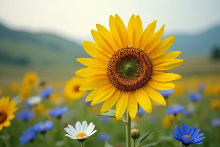 Gros plan d'un tournesol entouré de bleuets et de cosmos blancs dans une prairie naturelle