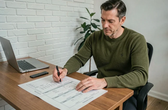 Homme consultant un guide des tailles Freeman Porter assis à son bureau à domicile