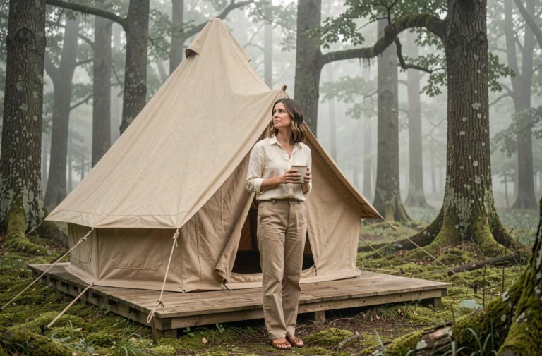 Femme devant une tente cloche en toile dans une clairière forestière, hébergement insolite en pleine nature