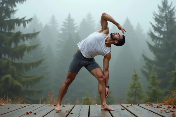 Homme en Astavakrasana sur une terrasse en bois face à une forêt brumeuse, posture de yoga avancée en équilibre sur les bras en plein air