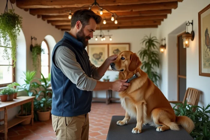 Homme barbu brossant un golden retriever dans un centre de bien-être animalier décoré de façon chaleureuse et féérique avec des poutres en bois et des plantes suspendues
