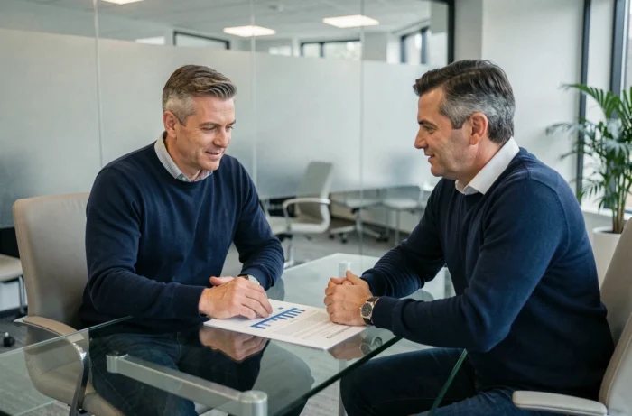Homme discutant d'un plan de financement avec un conseiller bancaire dans une agence moderne