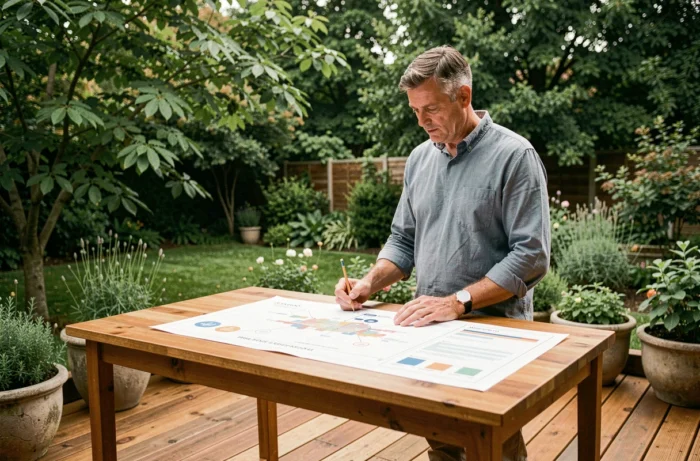Homme consultant un plan de contenu imprimé en plein air sur une terrasse en bois entourée de verdure