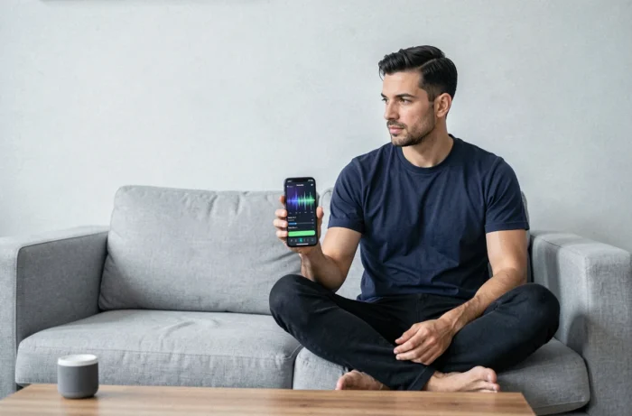 Homme utilisant une application de conversion MP3 sur smartphone dans son salon moderne