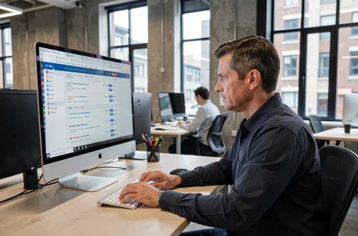 Un homme dans un espace de coworking consultant un ordinateur de bureau pour accéder à une nouvelle URL de site de téléchargement