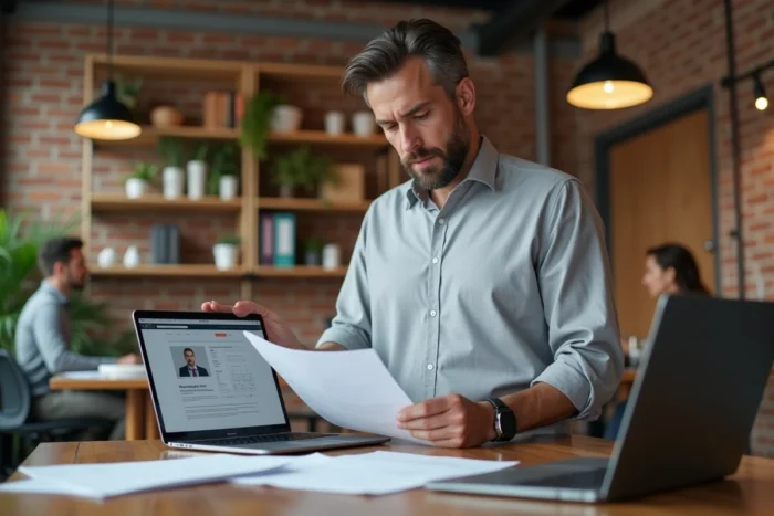 Homme consultant son CV et un site de recrutement B2B dans un espace de coworking dynamique