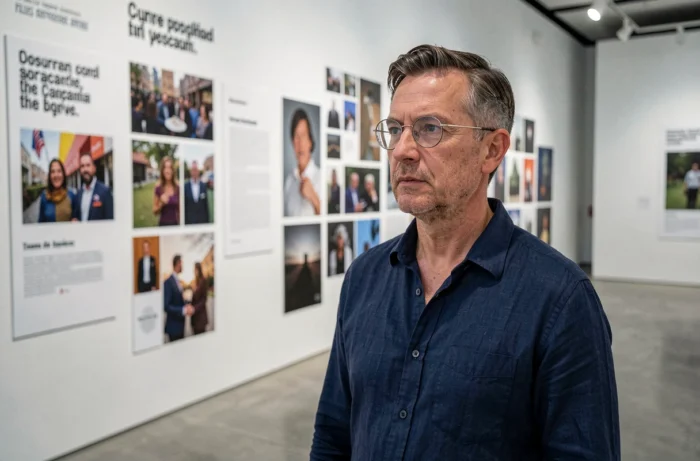 Homme contemplant une exposition d'art contemporain dans un centre culturel, reflet des tendances et enjeux de société
