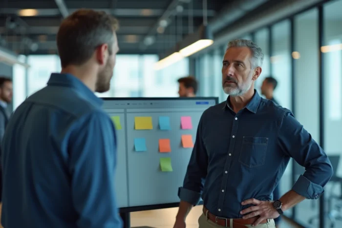 Homme consultant un tableau kanban numérique avec pense-bête virtuels dans un espace de bureau moderne en open space