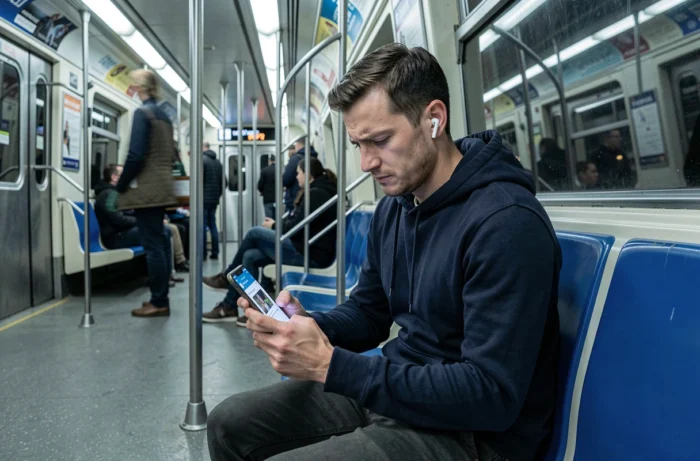 Homme dans le métro portant des écouteurs et regardant son téléphone avec méfiance face à une publicité ciblée sur Instagram